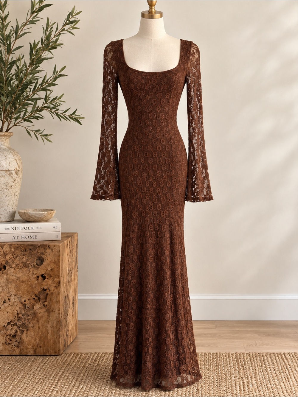 NWT Bardot Evannia Bell Sleeve Lace Maxi Dress Chocolate Brown XS
